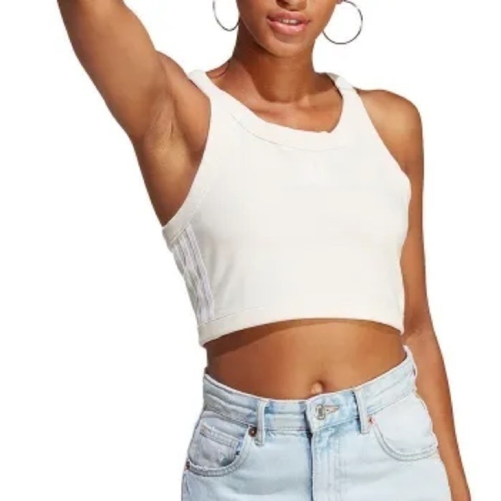 Adidas Cream 3 Stripe Racerback Banded Crop Tank Sports XL Wonder White